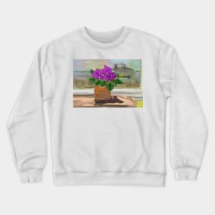 African Violet and view from window. Crewneck Sweatshirt